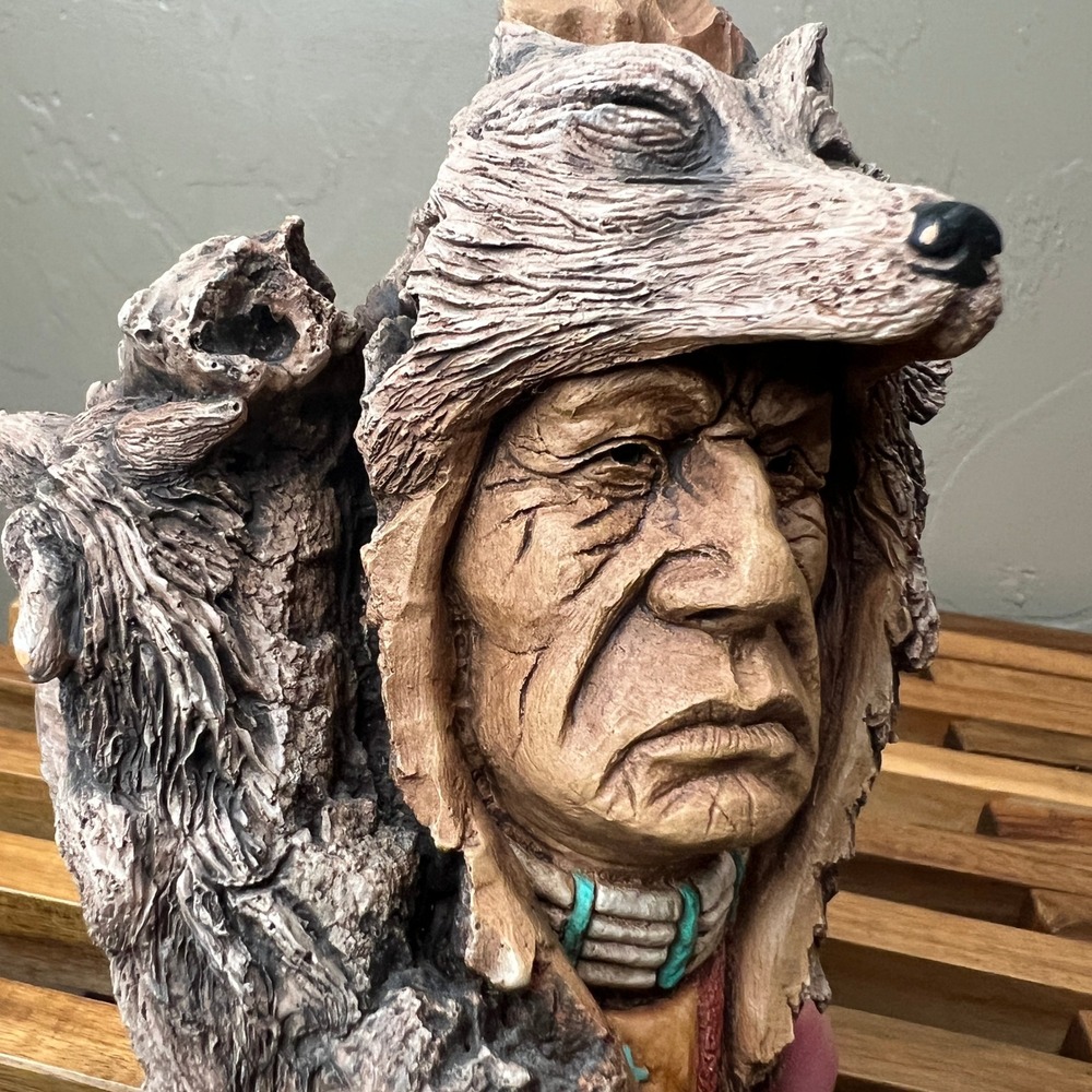 Lone Wolf 1990 Native American Elder Wolf Headdress Wall Plaque Sculpture